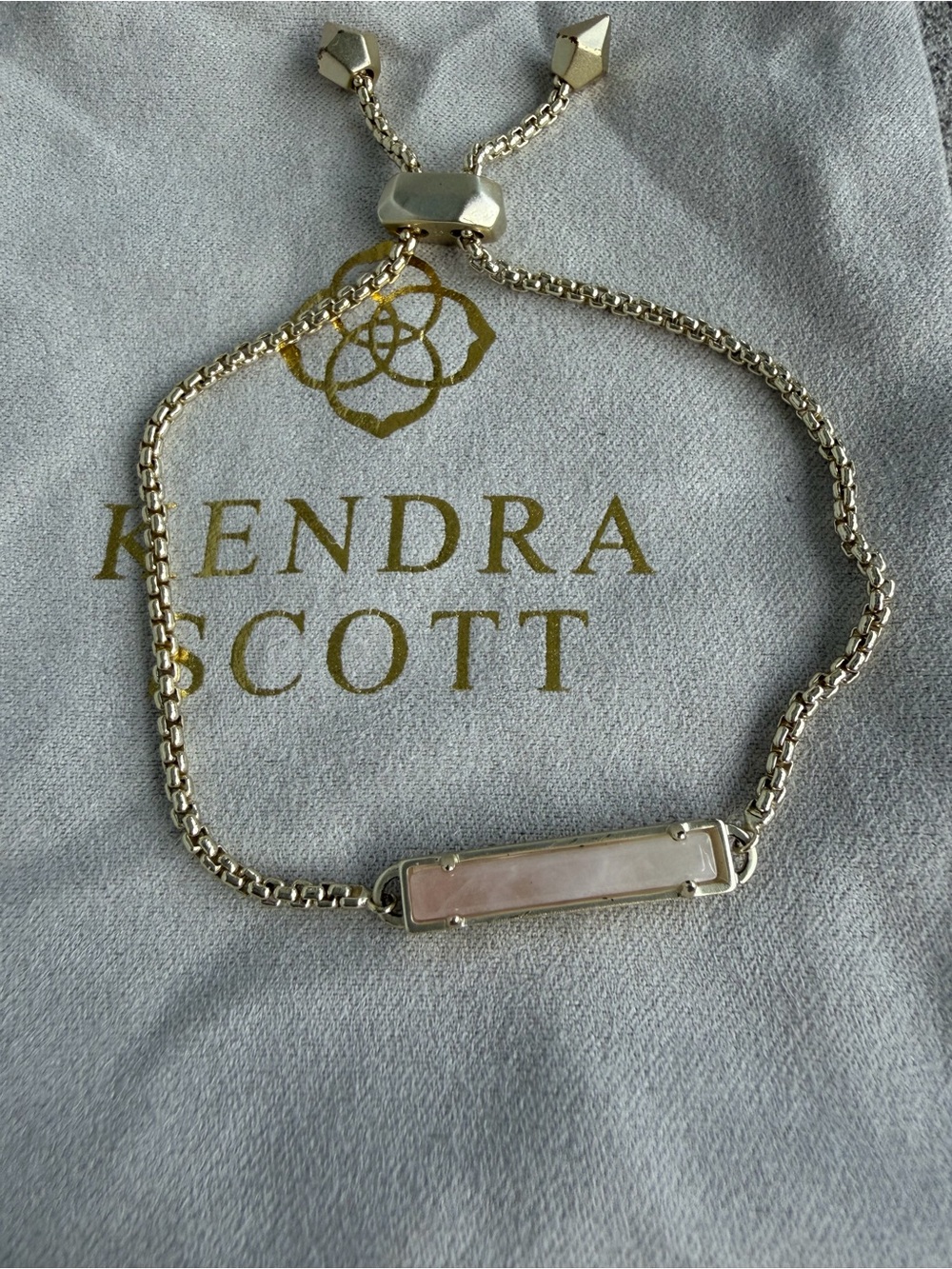 Kendra Scott Adjustable Gold Tone Bracelet Blush Pink Stone Bar Slider Chain